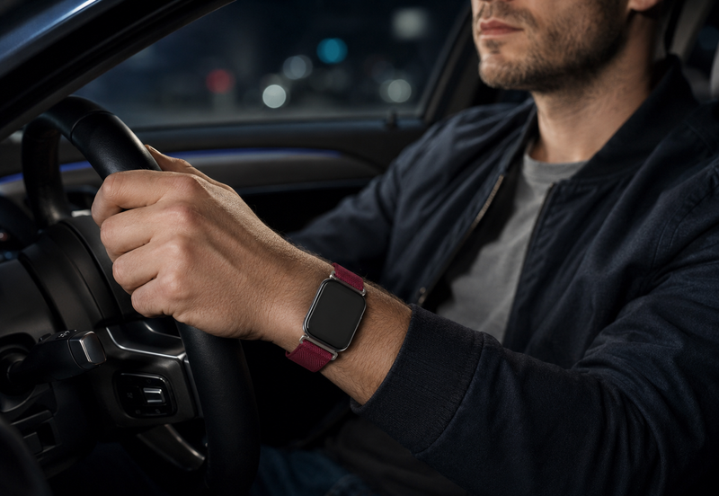 The driver wearing the Fitzap5 watch is driving.